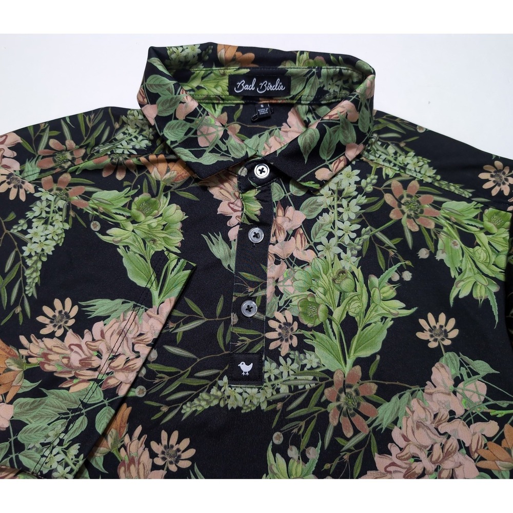 BAD BIRDIE Men's Short Sleeve Polo Shirt Randy's Moss Green Pink Floral Small S - Picture 9 of 9